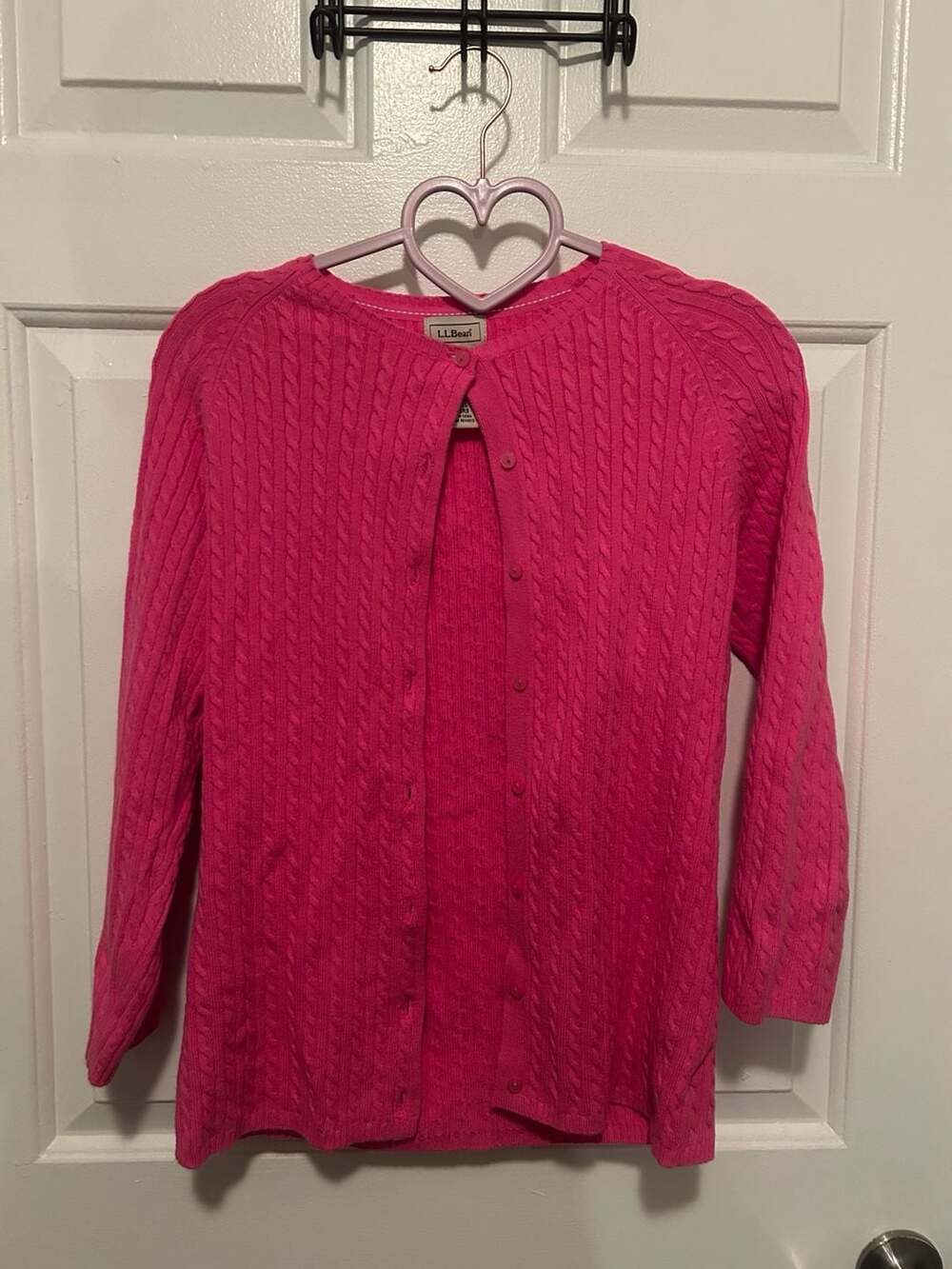 L.L.Bean Women's Cotton Cable Knit Button-Front Cardigan Sweater, Pink - Picture 1 of 5